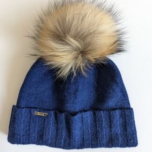 95% Cashmere 5% Merino Wool Hat with Raccoon Pom Deep Blue